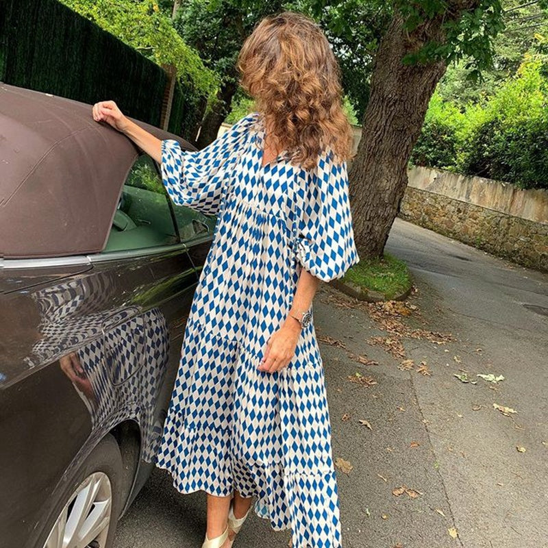 Summer Women's Vintage Printed Bohemian Dress Elegant Ladies Casual Loose V-Neck Short Sleeve Long Dresses Kamran Fashion