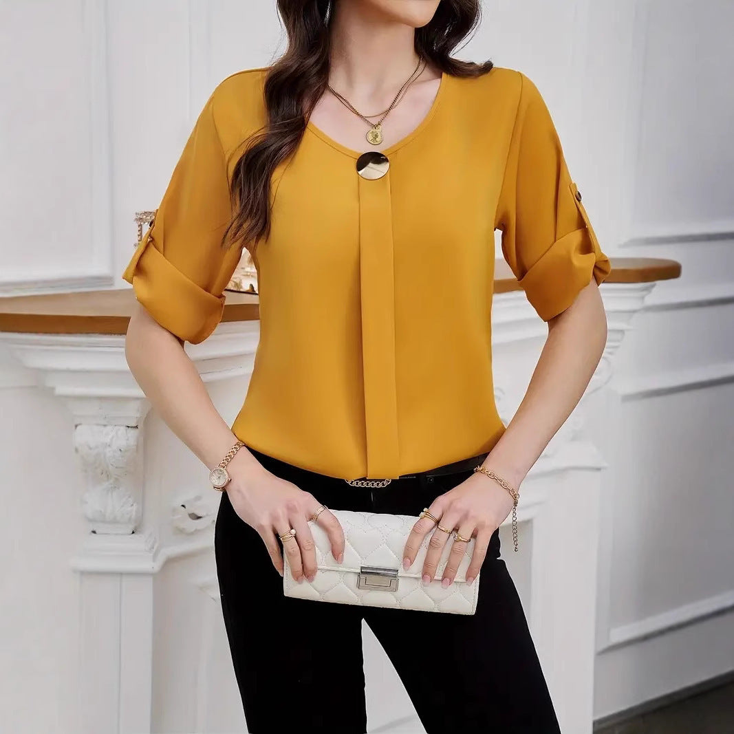 Business All-match Work Clothes Round Neck Roll Sleeve Simple Kamran Fashion