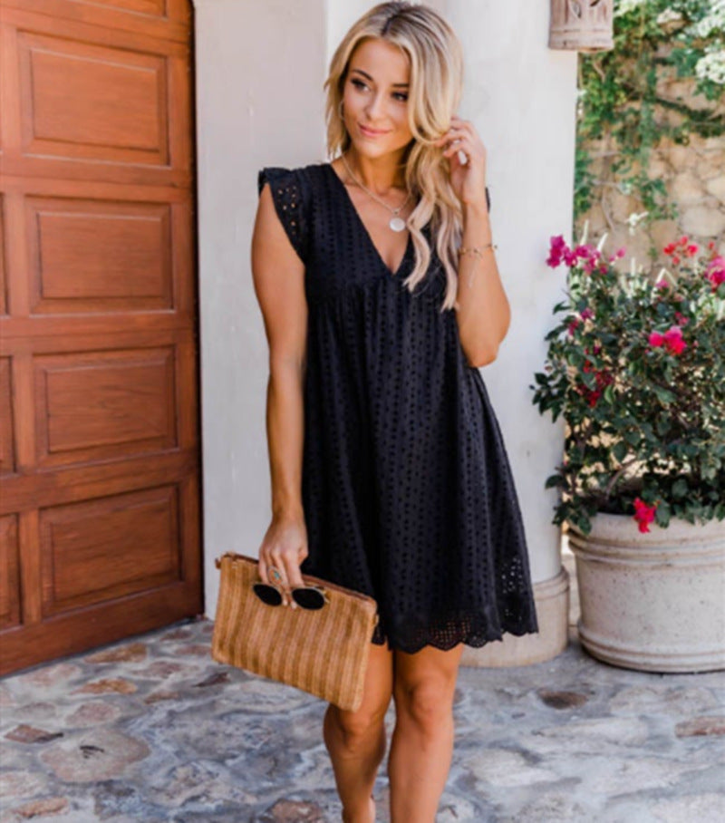 Lace Dresses With Pocket Summer Sleeveless Jacquard Cutout V-Neck Beach Dress Kamran Fashion