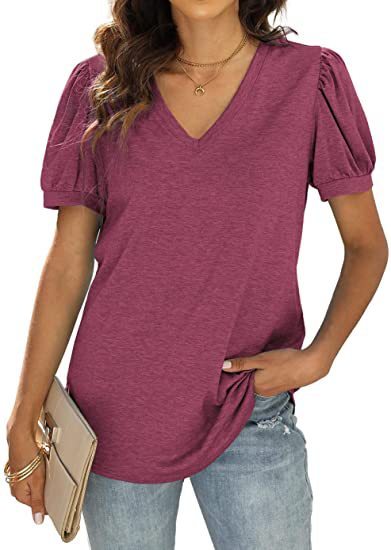 European And American Summer Casual V-neck Solid Color Puff Sleeve Loose T-shirt For Women Kamran Fashion