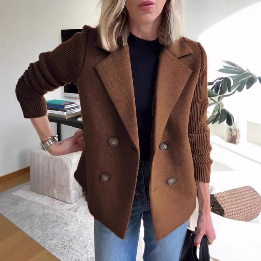 Double Breasted Lapel Jacket Fashion Knitted Sleeves Splicing Design Coat Outerwear Women's Clothing Kamran Fashion
