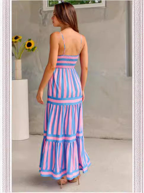 Summer Striped Printed Suspender Long Dress With Pockets Fashion Square Neck Backless Dresses For Beach Vacation Women Clothing Kamran Fashion