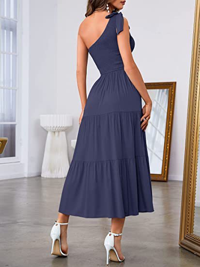 New Summer Fashion Women's One-shoulder Pleated Layered Hem Split Dress Kamran Fashion