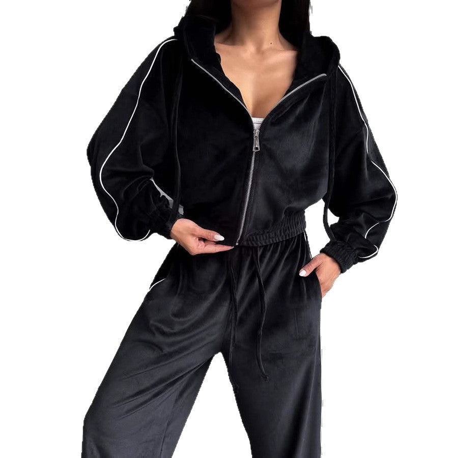 Women's Casual Velvet Hooded Cardigan Coat Wide-leg Pants Sports Suit Kamran Fashion