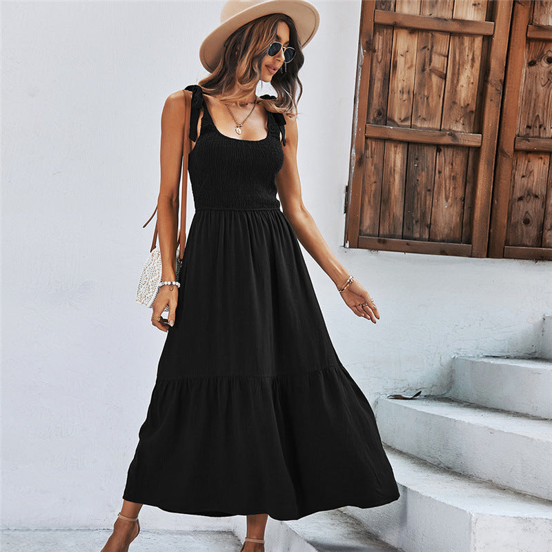 Women Summer Splicing Strap Solid Black Dress Kamran Fashion