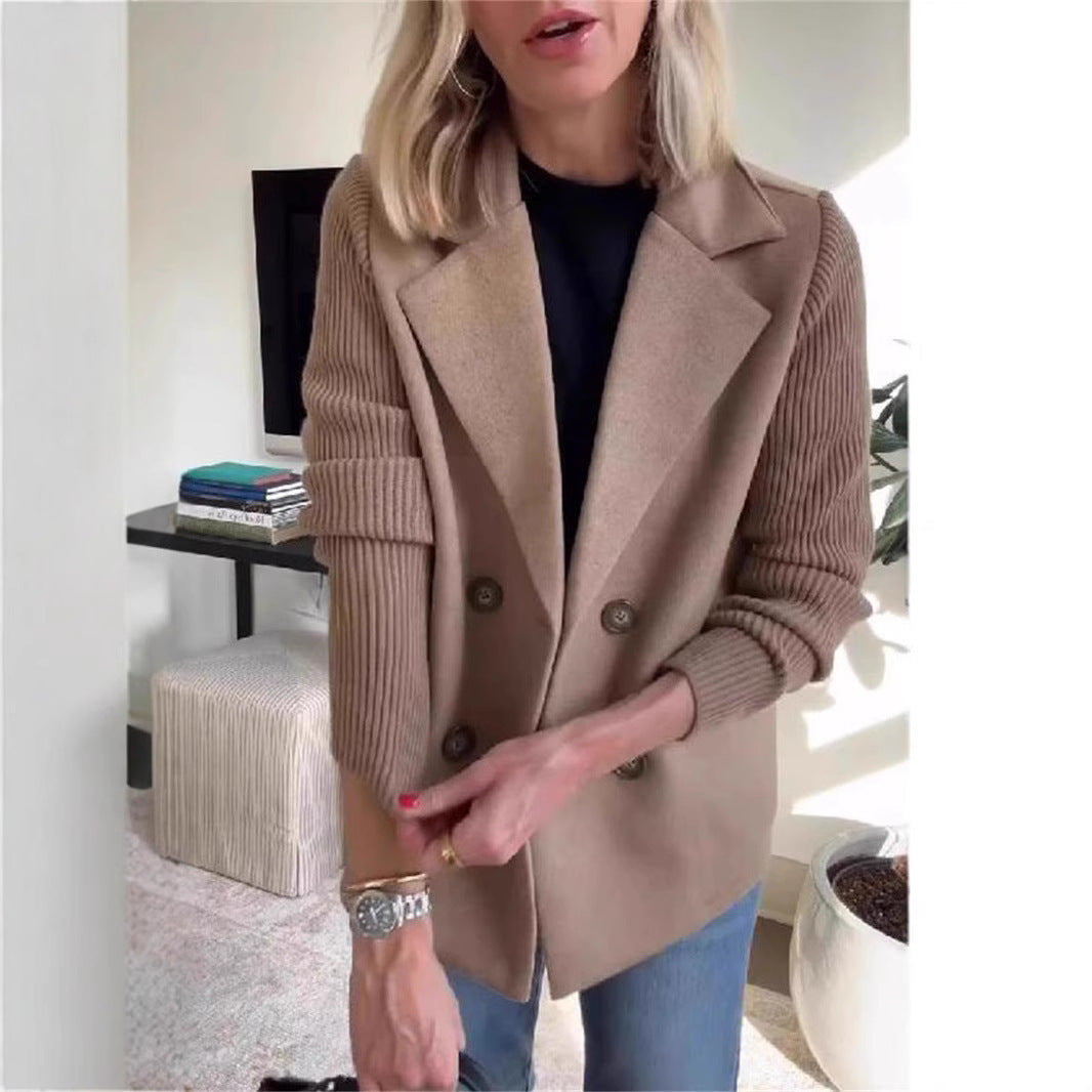 Double Breasted Lapel Jacket Fashion Knitted Sleeves Splicing Design Coat Outerwear Women's Clothing Kamran Fashion