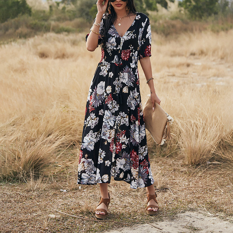 Floral Summer Beach Dress With V Neck Elastic Waist Dresses For Women Kamran Fashion