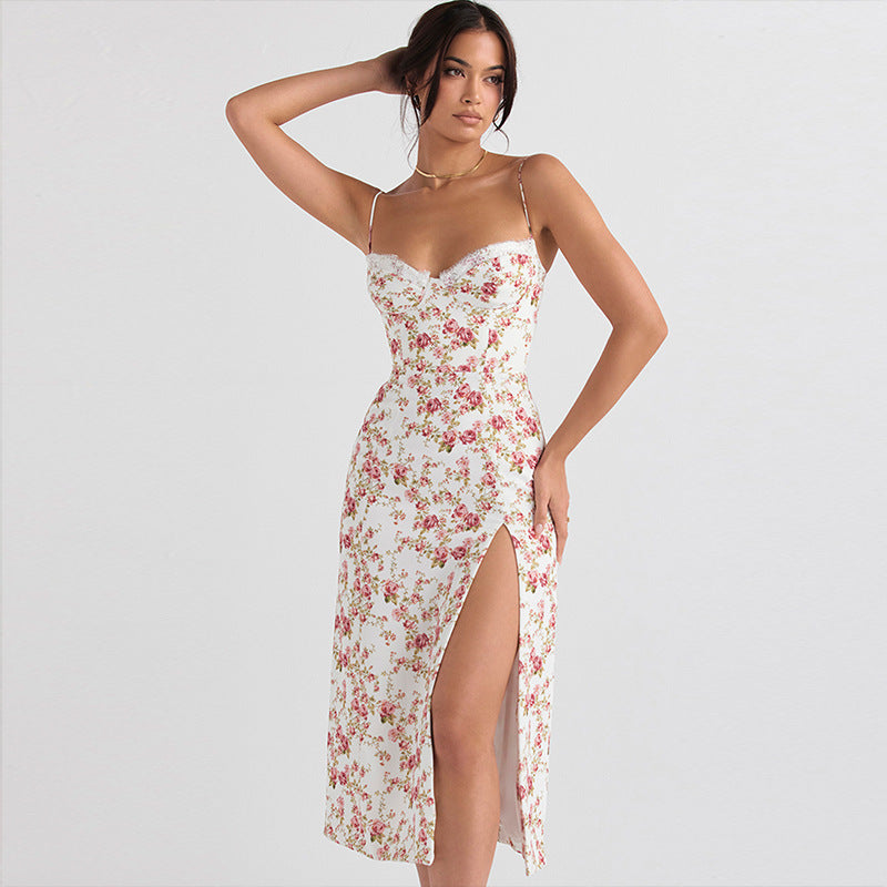 Lace Flowers Print Long Dress Sexy Fashion Slit Suspender Dress Summer Womens Clothing Kamran Fashion