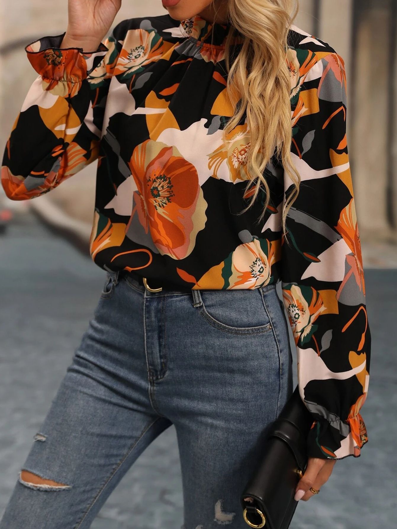 Casual Ruffled Collar Printed Long Sleeve Shirt Kamran Fashion