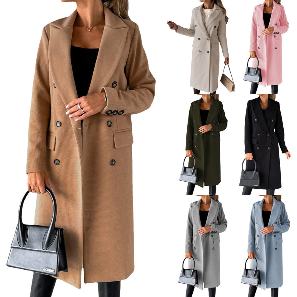 Double Breasted Lapel Coat Winter Fashion Solid Slim Long Jacket Long Sleeve Tops Womens Clothing Kamran Fashion