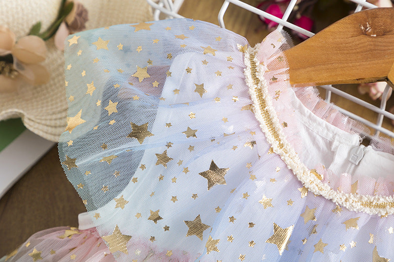 Girls Summer Rainbow Star Net Yarn Kids Princess Cake Dress Kamran Fashion