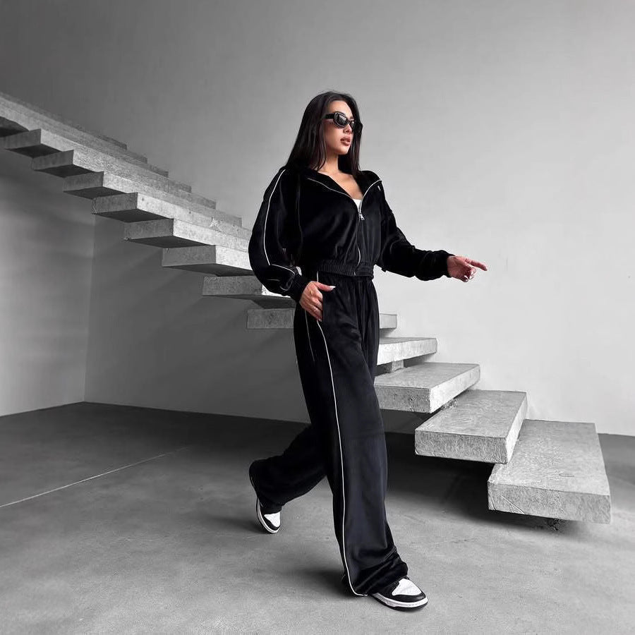 Women's Casual Velvet Hooded Cardigan Coat Wide-leg Pants Sports Suit