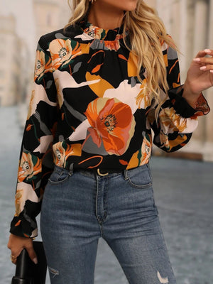 Casual Ruffled Collar Printed Long Sleeve Shirt