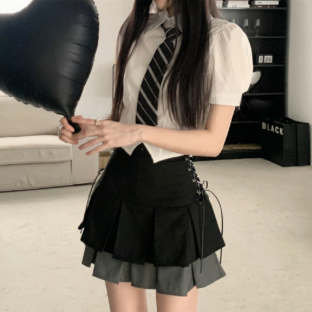 Summer New Double Layer Color Matching Lace Up Skirt For Women