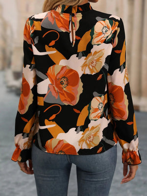 Casual Ruffled Collar Printed Long Sleeve Shirt