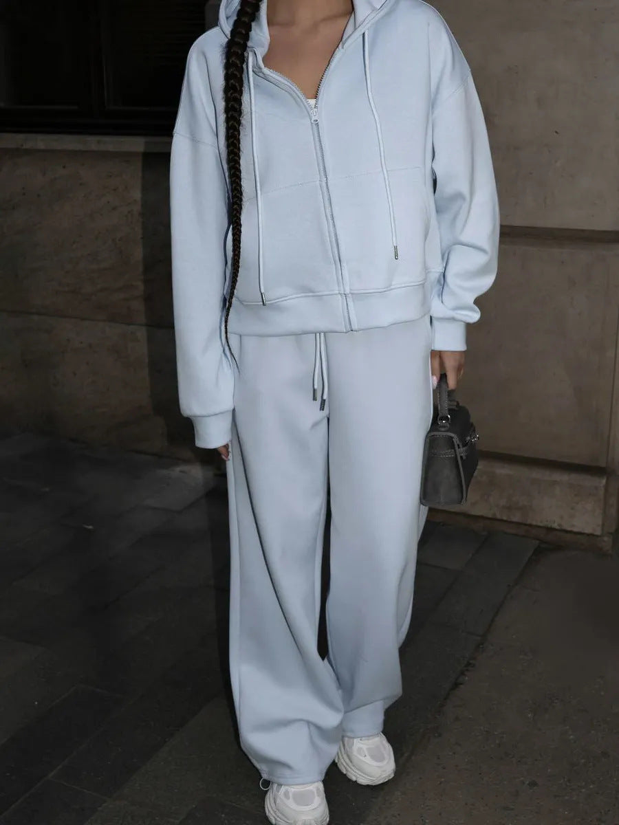 European And American Solid Color Long Sleeve Zipper Cardigan Hoodie Lace-up Trousers Two-piece Set