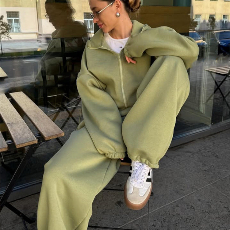 Women's Casual Solid Color Long-sleeved Zipper Sweater Wide-leg Pants Sports Suit