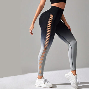 Women's High-Waisted Gradient Yoga Pants, Cutout Leggings, Booty Lifting, Athletic Long Tights For Fitness Workout, Breathable Sportswear
