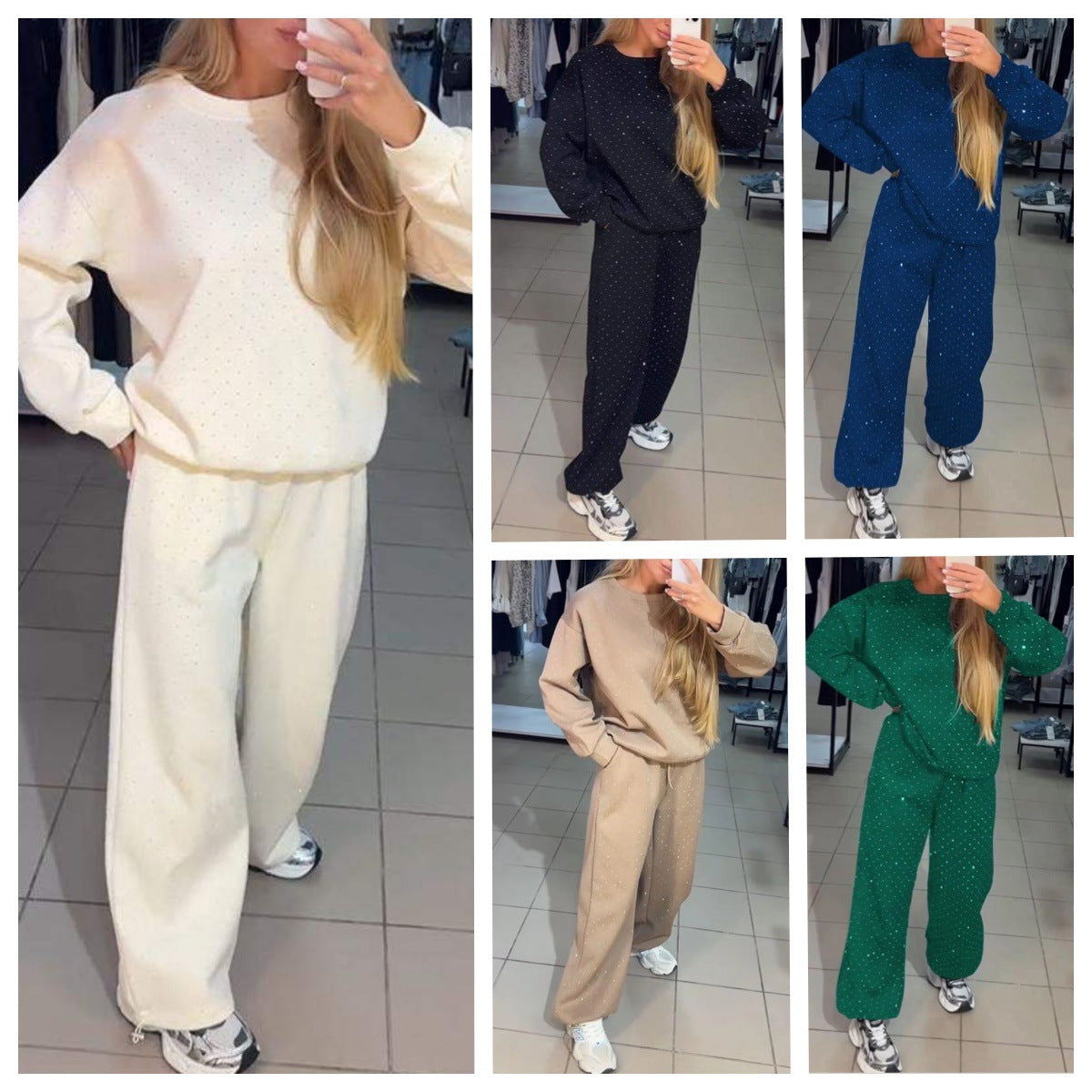 Women's Casual Round Neck Drilling Drawstring Ankle-tied Two-piece Suit