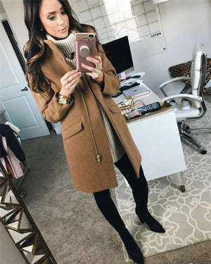 Fashion mid-length zipper stand collar woolen coat women