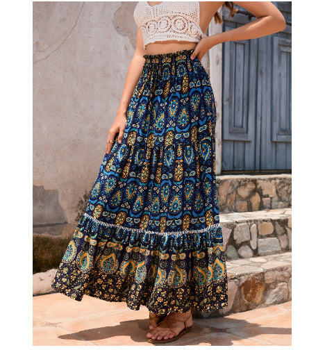 European American Summer New Printed Loose Stitching Large Swing Skirt