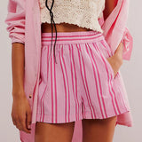 Y2K Stripe Print Shorts Summer Fashion Elastic Beach Pants With Pockets Womens Clothing Kamran Fashion