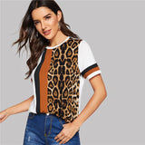 White Color Block Cut-and-Sew Leopard Panel Top Short Sleeve O-Neck Casual T Shirt Women Summer Leisure Tshirt Tops Kamran Fashion