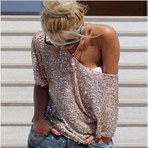 New Fashion Women Sexy Loose Off Shoulder Sequin Glitter Blouses Summer Casual Shirts Vintage Streetwear Party Tops Kamran Fashion