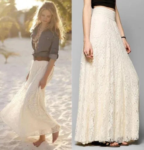 New European and American Style Women Pleated Solid Mesh Lace Layered Gypsy Boho Summer Long Maxi Skirt Girl Beach Clothing Kamran Fashion