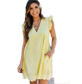 Lace Dresses With Pocket Summer Sleeveless Jacquard Cutout V-Neck Beach Dress Kamran Fashion