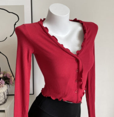 Retro Young Girl Single-breasted Ruffled Top