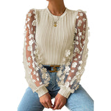 Women's Mesh Small Flower Chiffon Shirt Summer Round Neck Long Sleeve Top Kamran Fashion
