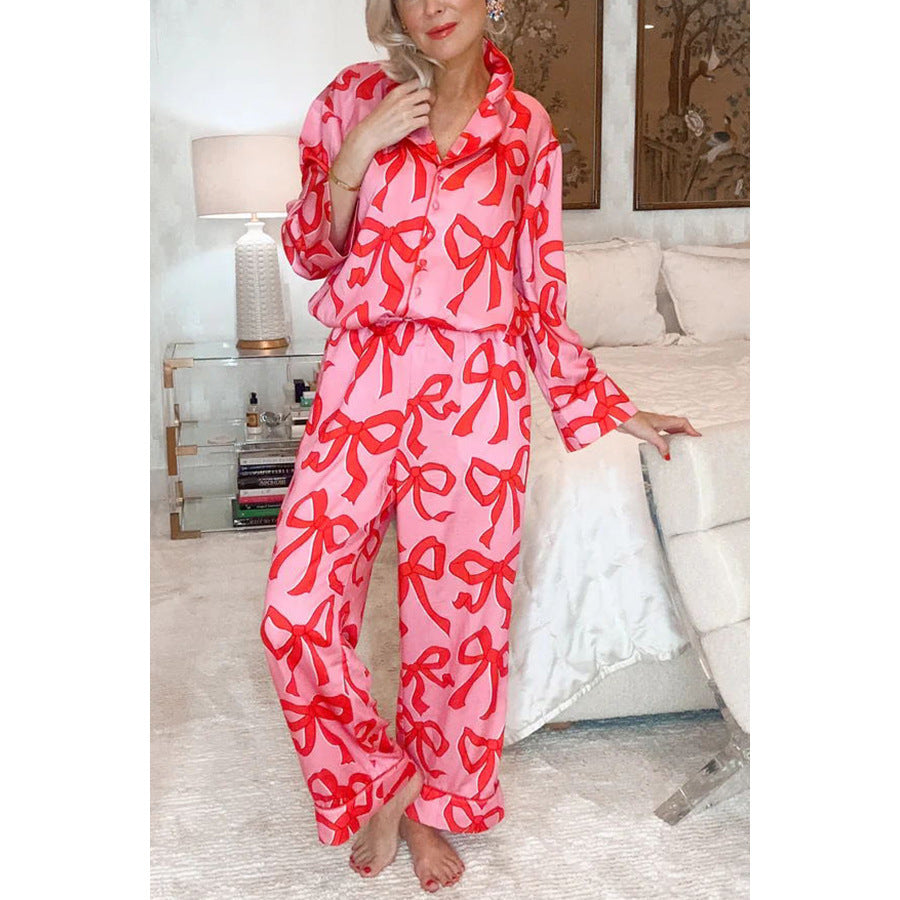 Casual Loose Long Sleeve Satin Lapel Two-piece Set