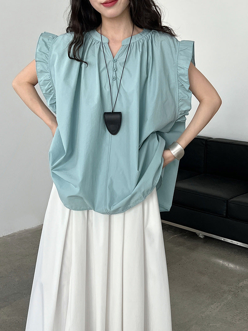 Casual Lace Ruffle Sleeve Shirt Top V-neck Buttons Pleated