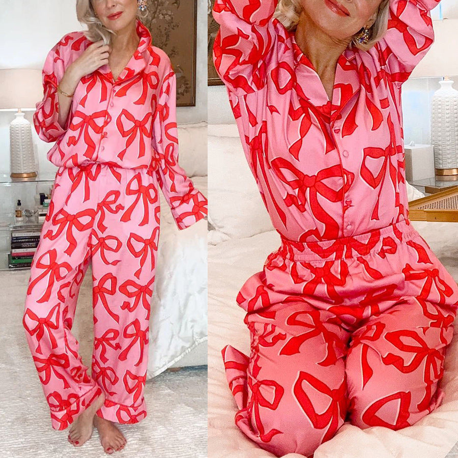 Casual Loose Long Sleeve Satin Lapel Two-piece Set