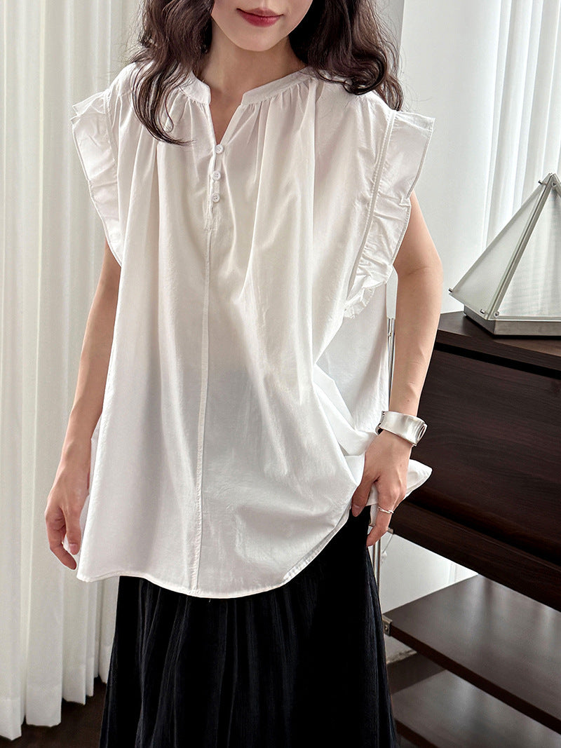 Casual Lace Ruffle Sleeve Shirt Top V-neck Buttons Pleated