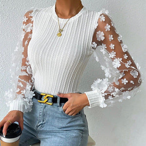 Women's Mesh Small Flower Chiffon Shirt Summer Round Neck Long Sleeve Top Kamran Fashion