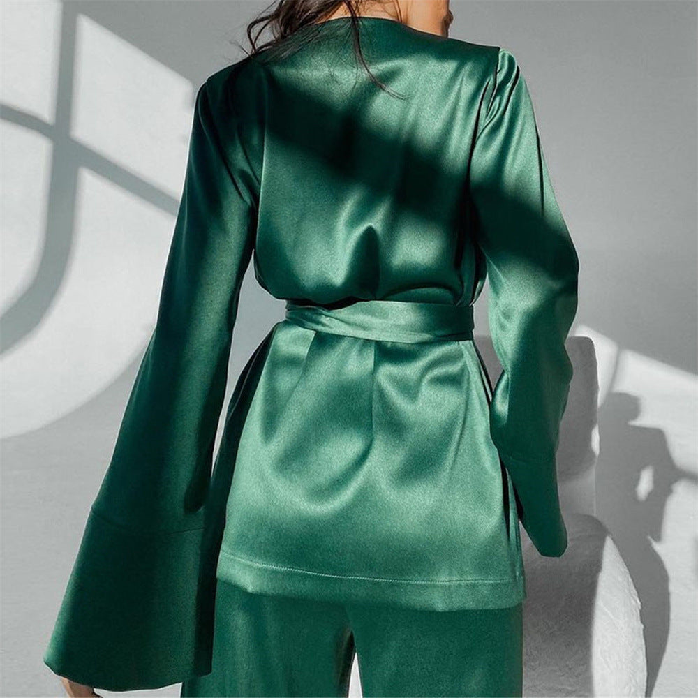 Satin Casual Two Piece Satin Loose Cardigan Pajama Set