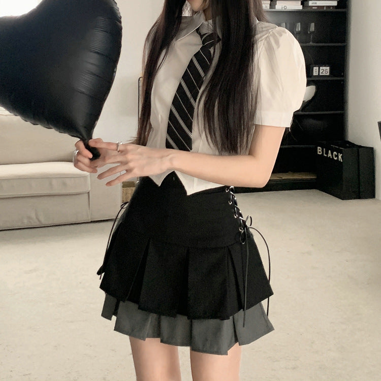 Summer New Double Layer Color Matching Lace Up Skirt For Women