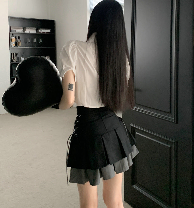 Summer New Double Layer Color Matching Lace Up Skirt For Women