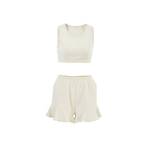 Ruffled Knitted Suspender Shorts Home Wear Soft Pajamas Two-piece Set
