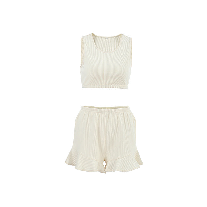 Ruffled Knitted Suspender Shorts Home Wear Soft Pajamas Two-piece Set