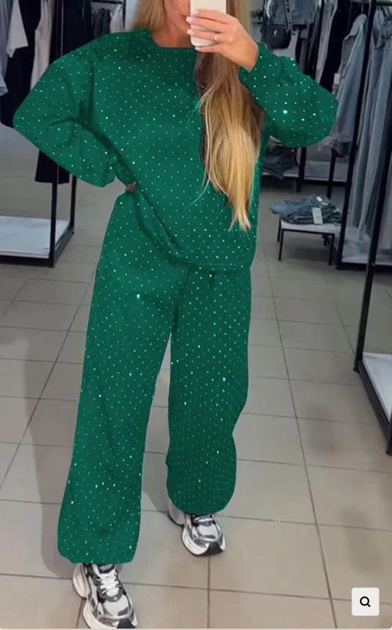 Women's Casual Round Neck Drilling Drawstring Ankle-tied Two-piece Suit