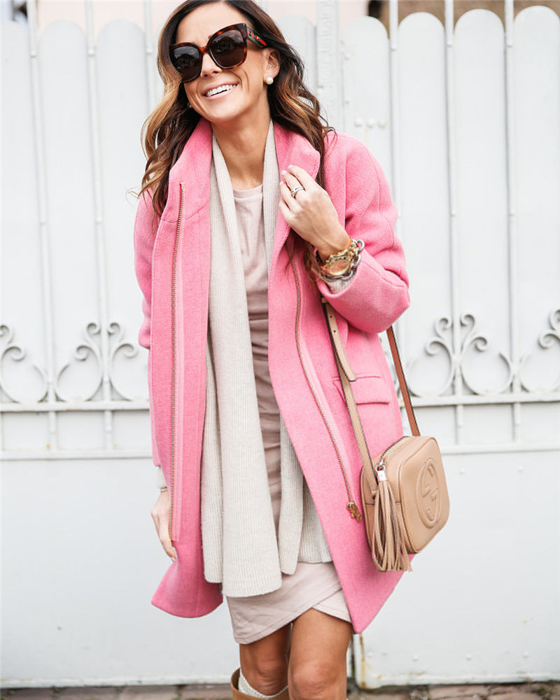 Fashion mid-length zipper stand collar woolen coat women