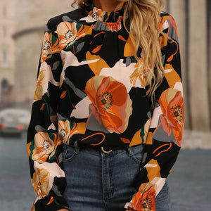 Casual Ruffled Collar Printed Long Sleeve Shirt