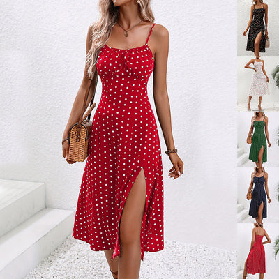 New Polka Dot Print Suspender Dress Summer Sexy Split Long Dresses For Womens Clothing