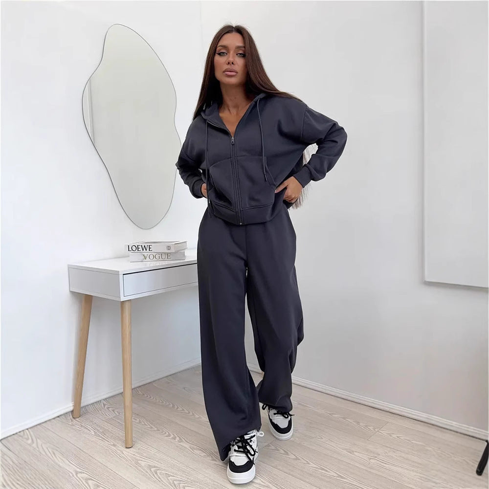 European And American Solid Color Long Sleeve Zipper Cardigan Hoodie Lace-up Trousers Two-piece Set