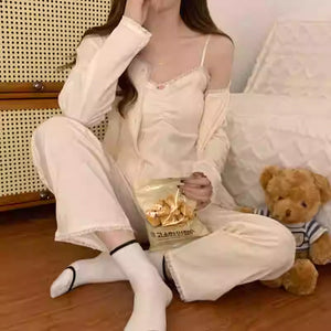 Pajamas Three-piece Set With Chest Pad Simple Casual Strap Lace