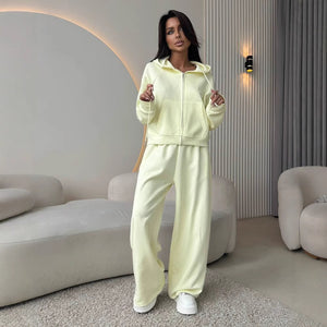 European And American Solid Color Long Sleeve Zipper Cardigan Hoodie Lace-up Trousers Two-piece Set