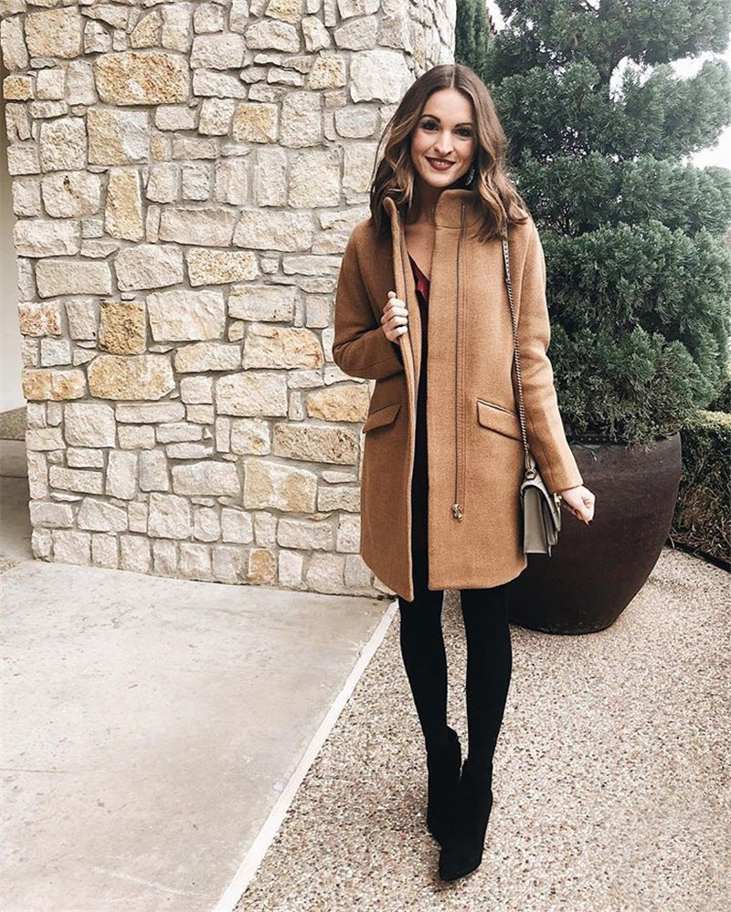 Fashion mid-length zipper stand collar woolen coat women